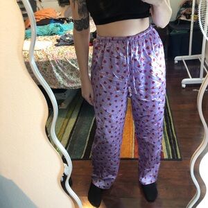 Purple and red satin heart print pajama pants